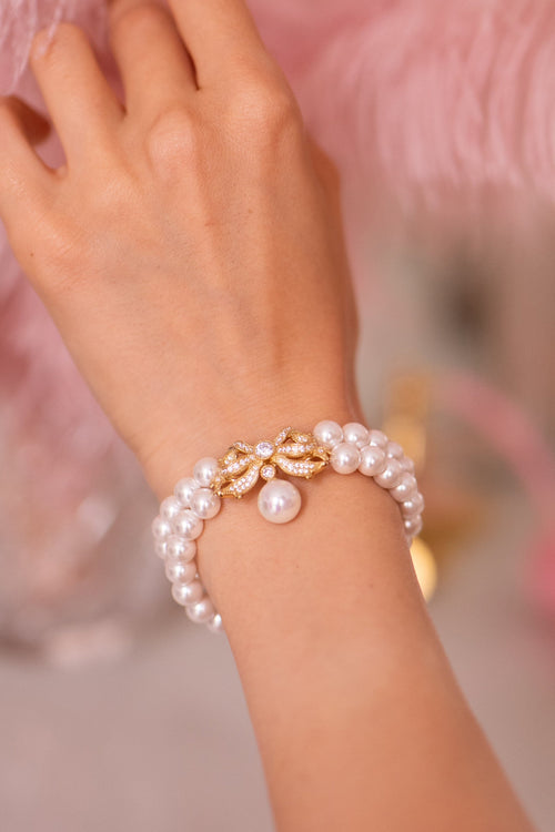 'Sissi' Double Strand Pearl Bracelet with Gold Bow