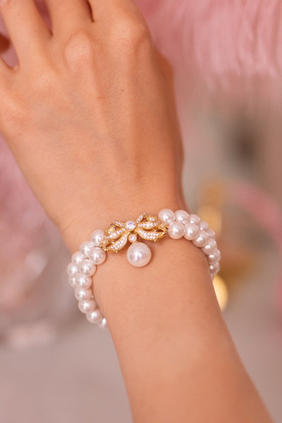 'Sissi' Double Strand Pearl Bracelet with Gold Bow