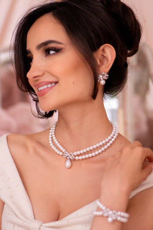 'Sissi' Double Strand Pearl Necklace with Silver Bow