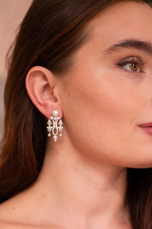 'Standing Ovation' Crystal and Pearl Chandelier Silver Earrings