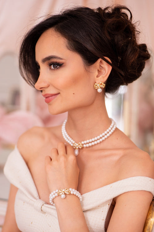 'Sissi' Double Strand Pearl Bracelet with Gold Bow