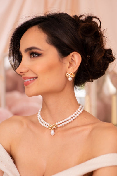 'Sissi' Double Strand Pearl Necklace with Gold Bow