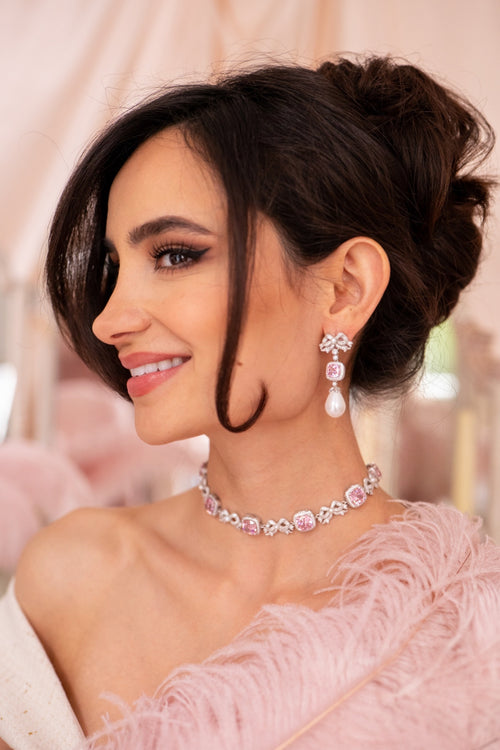 'Marie Antoinette' Pink Cushion-Cut Crystal and Bow Silver Earrings