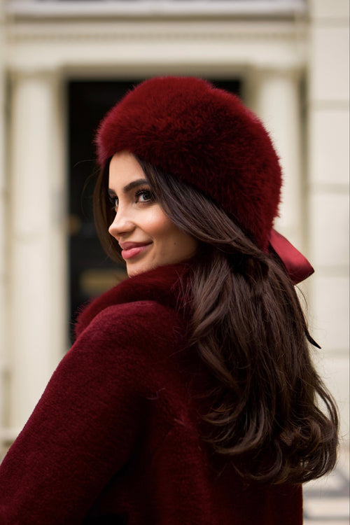 'Harlow' Faux Fur Headband with Satin Bow in Rosso