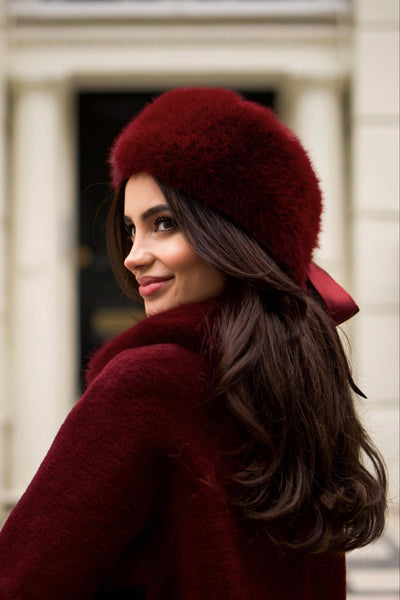 🎁 'Harlow' Faux Fur Headband with Satin Bow in Rosso (100% off)