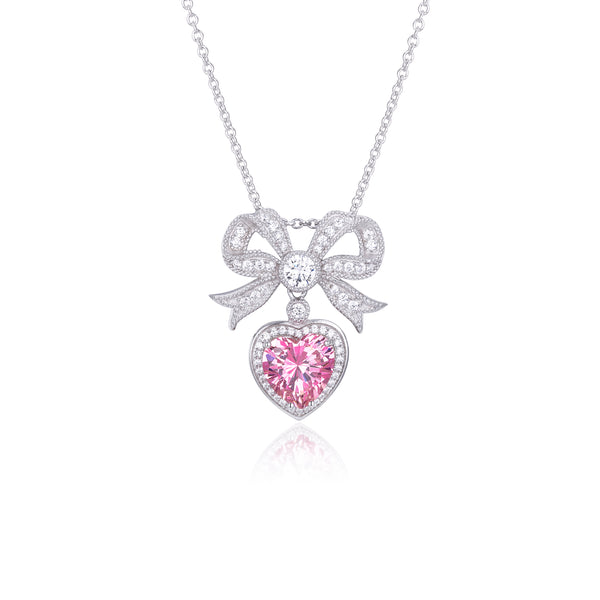 'Princess' Bow and Crystal Heart Silver Pendant