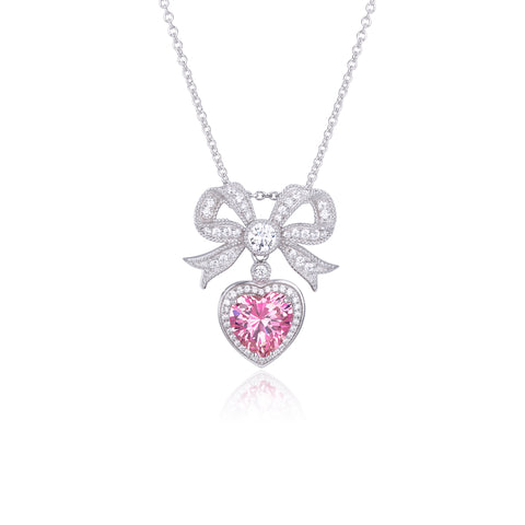 'Princess' Bow and Crystal Heart Silver Pendant