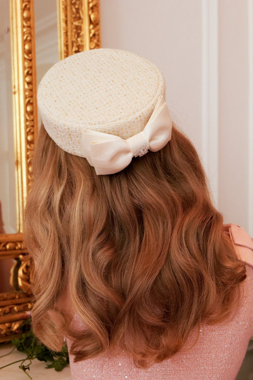 ‘Amour’ Woollen Tweed Pillbox Hat with Silk Bow Bianco