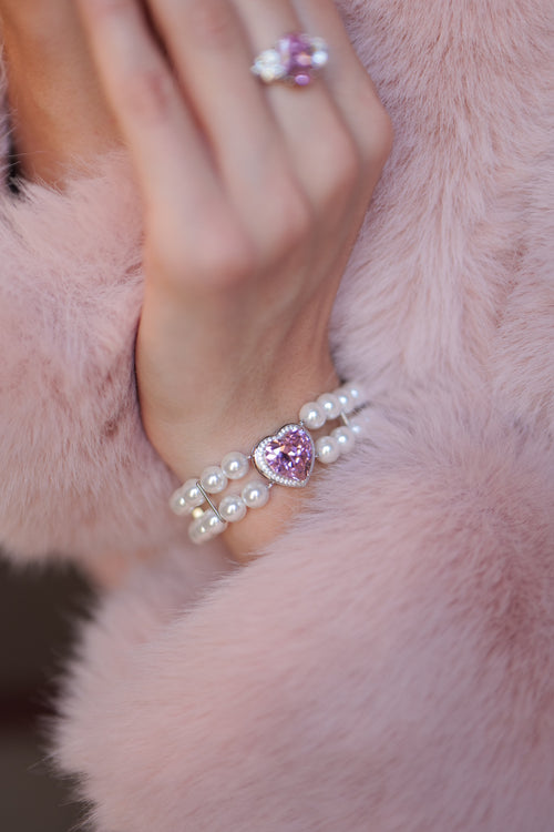‘Princess’ Double Strand Pearl Bracelet with Pink Heart