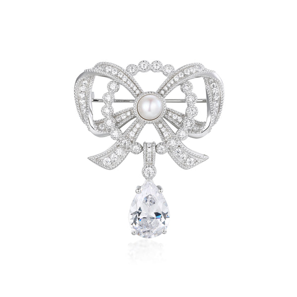 'Majesty' Silver Brooch with Freshwater Pearl and Pear-Shaped Crystal