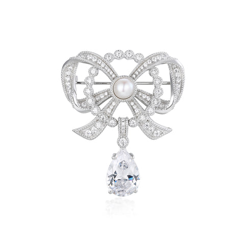 'Majesty' Silver Brooch with Freshwater Pearl and Pear-Shaped Crystal