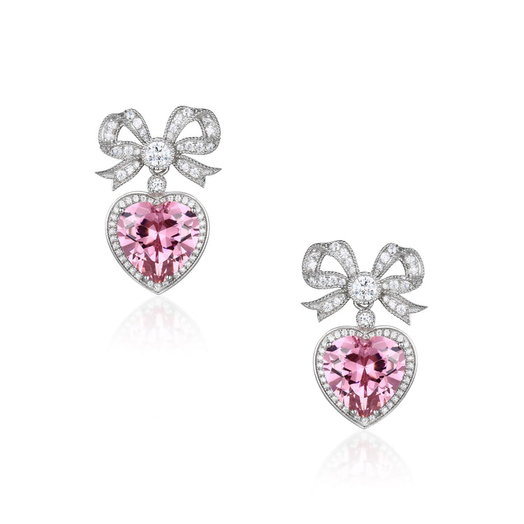 'Princess' Bow and Crystal Heart Silver Earrings