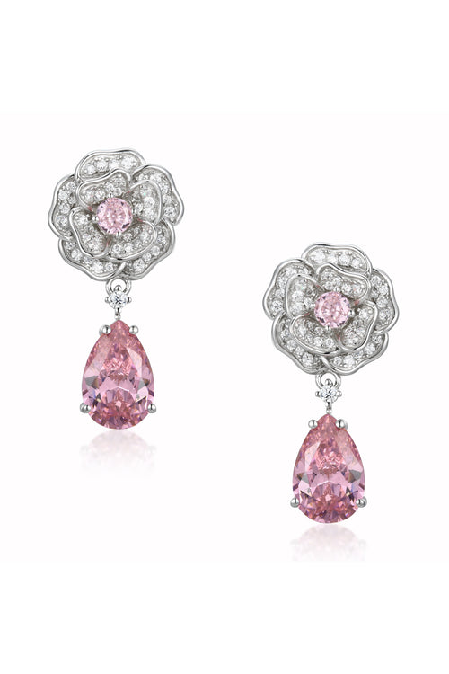 🎁 'Baroness' Flower and Pink Crystal Drop Silver Earrings (100% off)