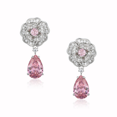 'Baroness' Flower and Pink Crystal Drop Silver Earrings
