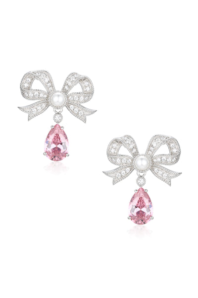 'Grand Duchess' Bow and Pink Crystal Silver Earrings