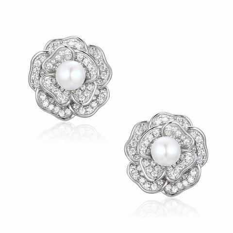 'Tsarina' Flower and Freshwater Pearl Silver Earrings