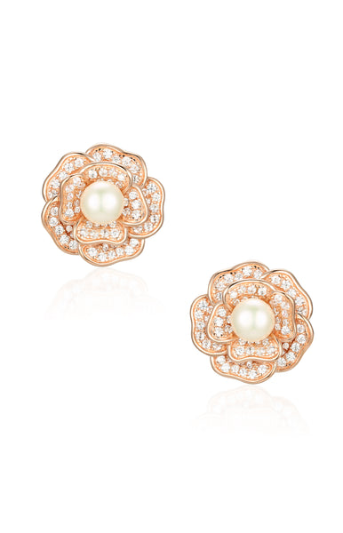'Tsarina' Flower and Freshwater Pearl Rose Gold-Plated Silver Earrings