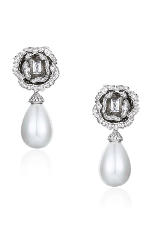 🎁 'Countess' Flower and Pearl Drop Silver Earrings (100% off)