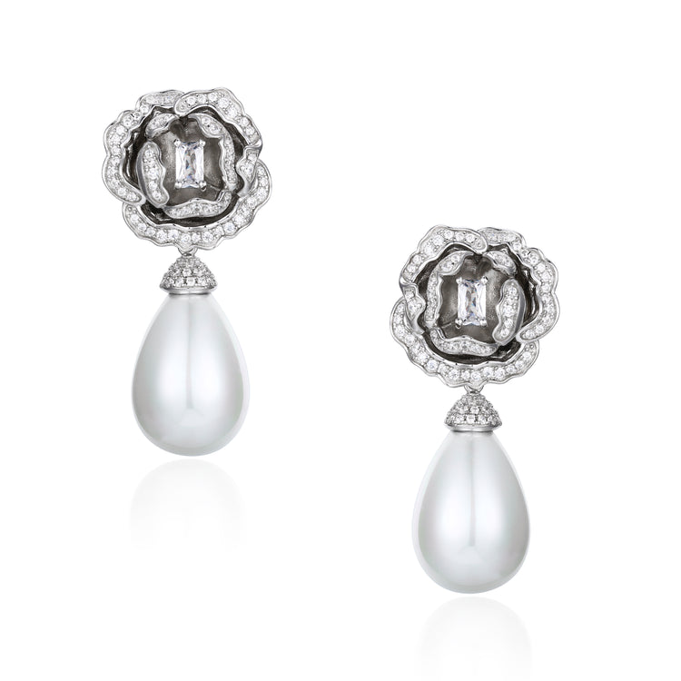'Countess' Flower and Pearl Drop Silver Earrings