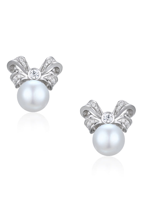 🎁 'Viscountess' Bow and Pearl Silver Earrings with Crystals (100% off)