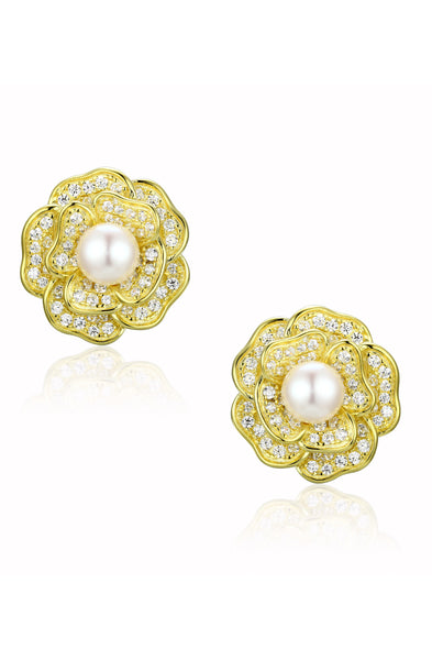 'Tsarina' Flower and Freshwater Pearl Gold-Plated Silver Earrings