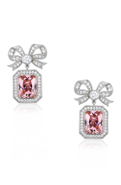 'Empress' Bow and Pink Radian Cut Crystal Silver Earrings