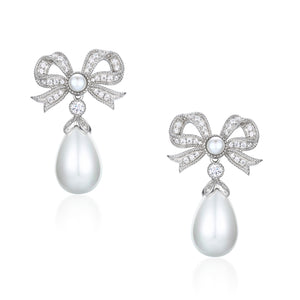Open image in slideshow, &#39;Queen&#39; Bow and Pearl Drop Silver Earrings
