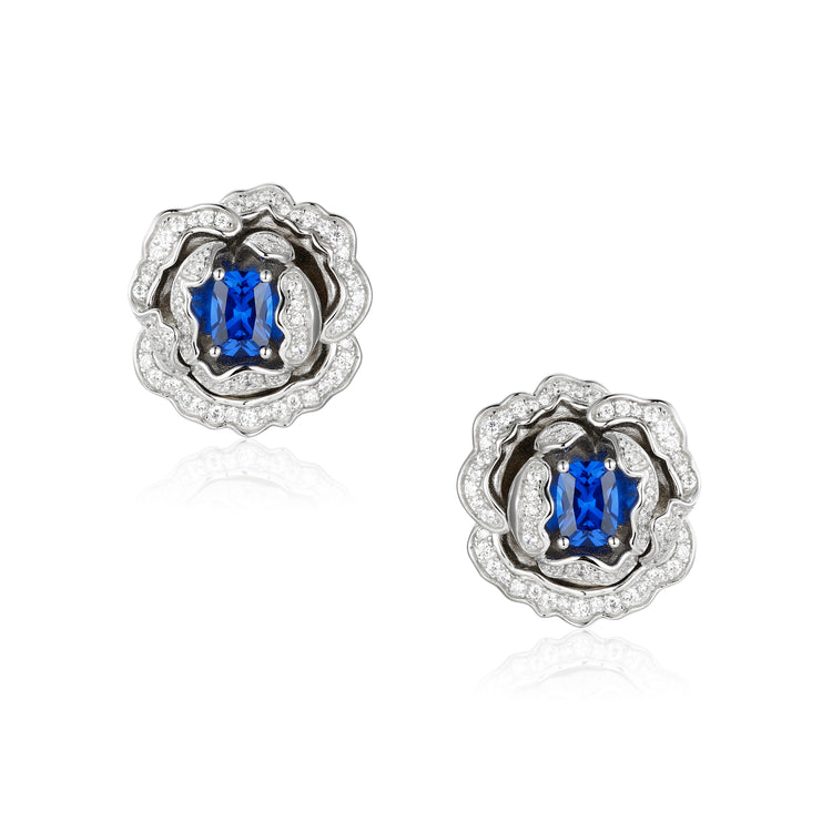 'Marchioness' Flower-Motif Silver Earrings with Blue Crystal