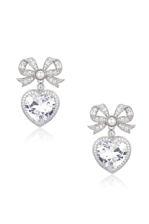 🎁 'Princess' Bow and Crystal Heart Silver Earrings With Pearl (100% off)