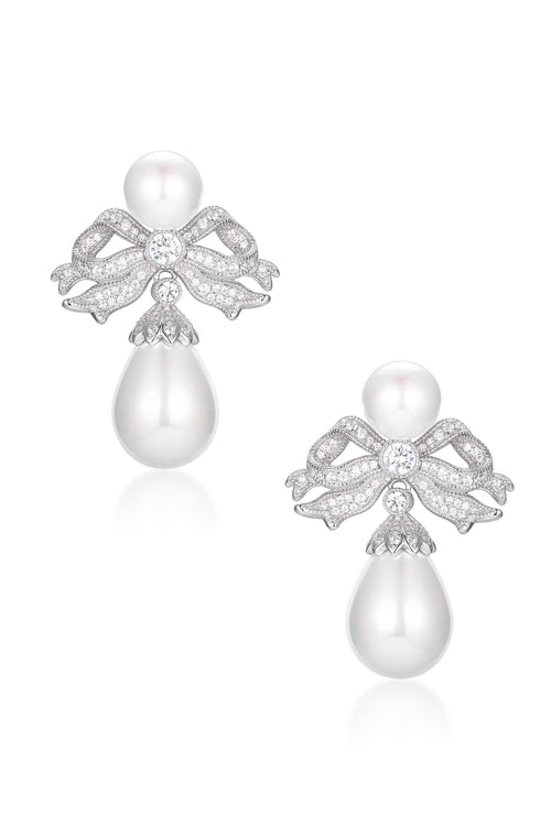 🎁 'Antoinette' Bow and Pearl Drop Silver Earrings (100% off)