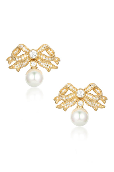 'Sissi' Bow and Pearl Drop Gold Earrings