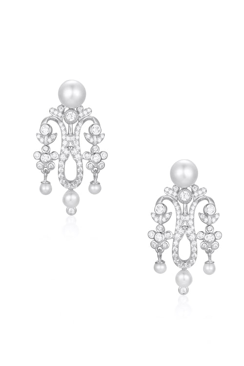 'Standing Ovation' Crystal and Pearl Chandelier Silver Earrings