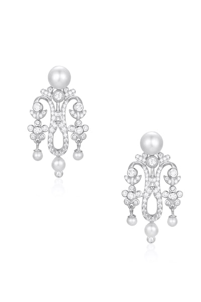 'Standing Ovation' Crystal and Pearl Chandelier Silver Earrings