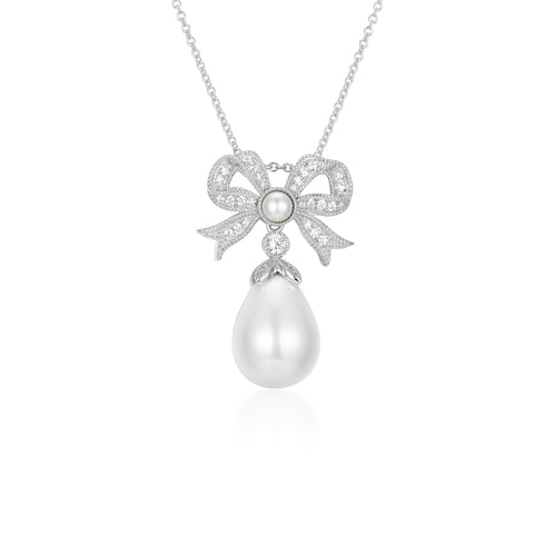 'Queen' Bow and Pearl Drop Silver Pendant