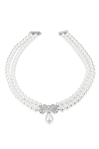 'Sissi' Double Strand Pearl Necklace with Silver Bow