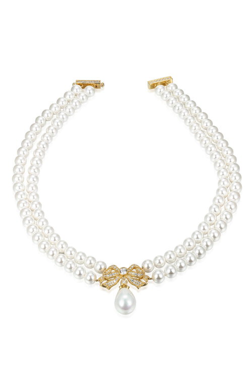 'Sissi' Double Strand Pearl Necklace with Gold Bow