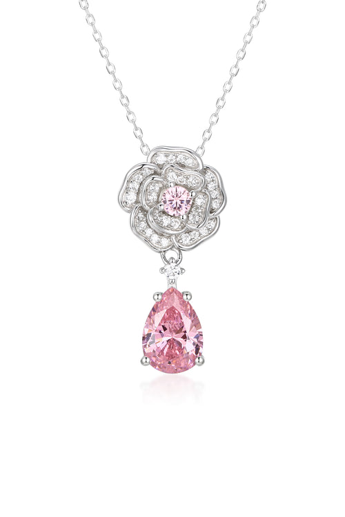 ‘Baroness’ Flower and Pink Crystal Drop Silver Pendant