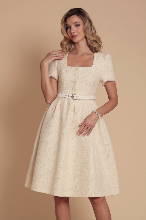 ‘Divina’ Belted Wool Tweed Dress in Bianco