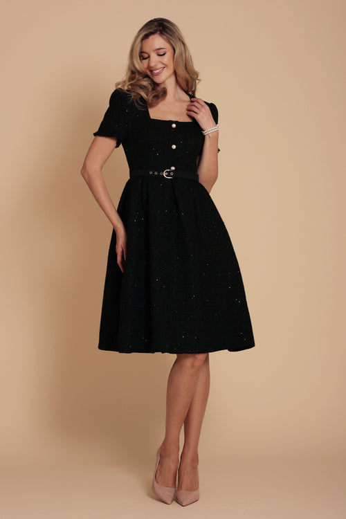 ‘Divina’ Belted Wool Tweed Dress in Nero