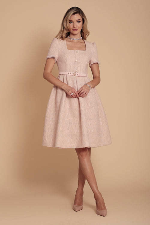 ‘Divina’ Belted Wool Tweed Dress in Rosa