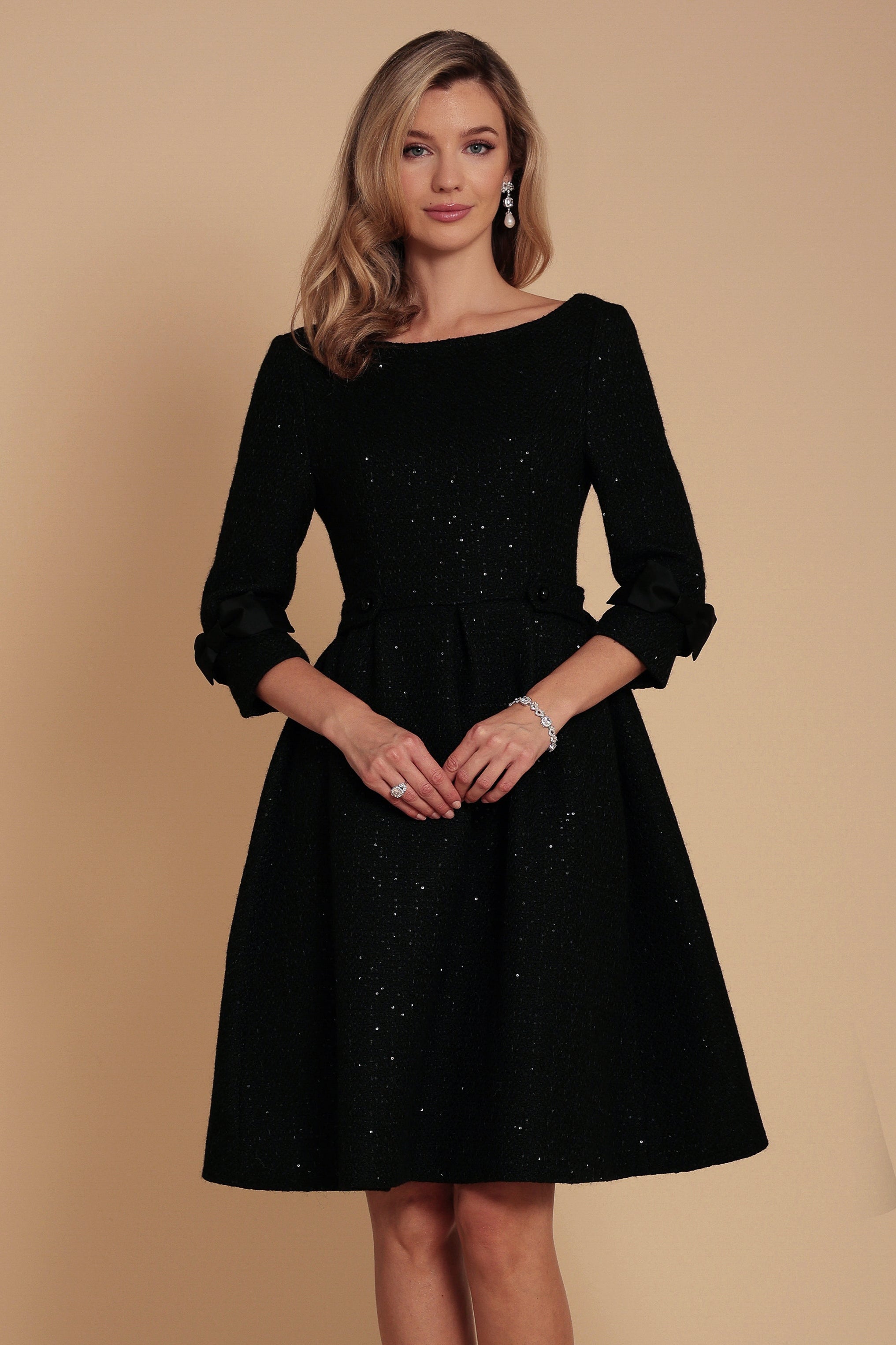 Black Wool Tweed Dress with Bateau Neckline | Silk Taffeta Shoulder Bows & Pleated Skirt | Intermezzo Collection | Santinni Black Wool Tweed Dress with Bateau Neckline | Silk Taffeta Shoulder Bows & Pleated Skirt | Intermezzo Collection | Santinni