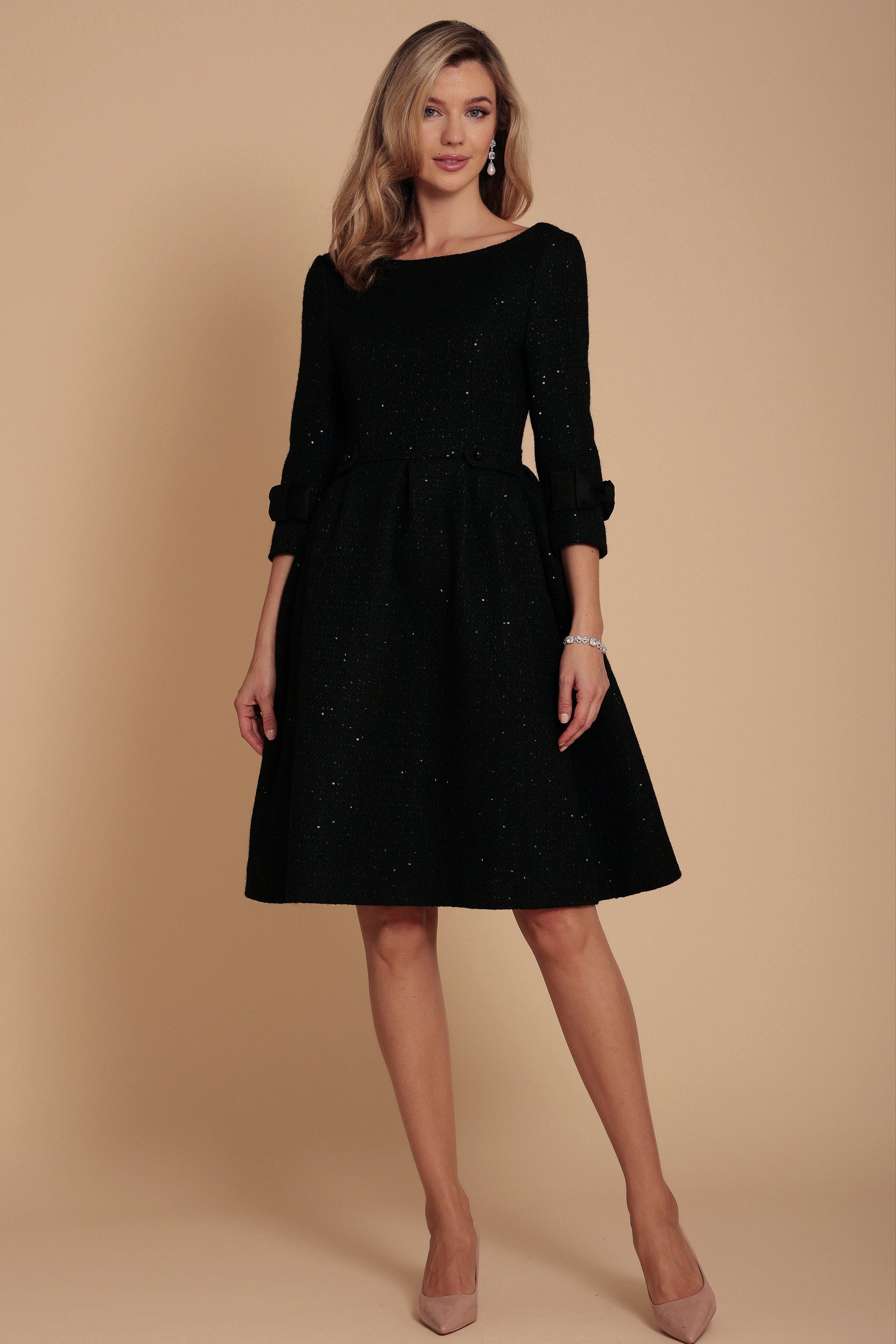 Intermezzo' Wool Tweed Dress with Silk Taffeta Bows in Nero – Santinni