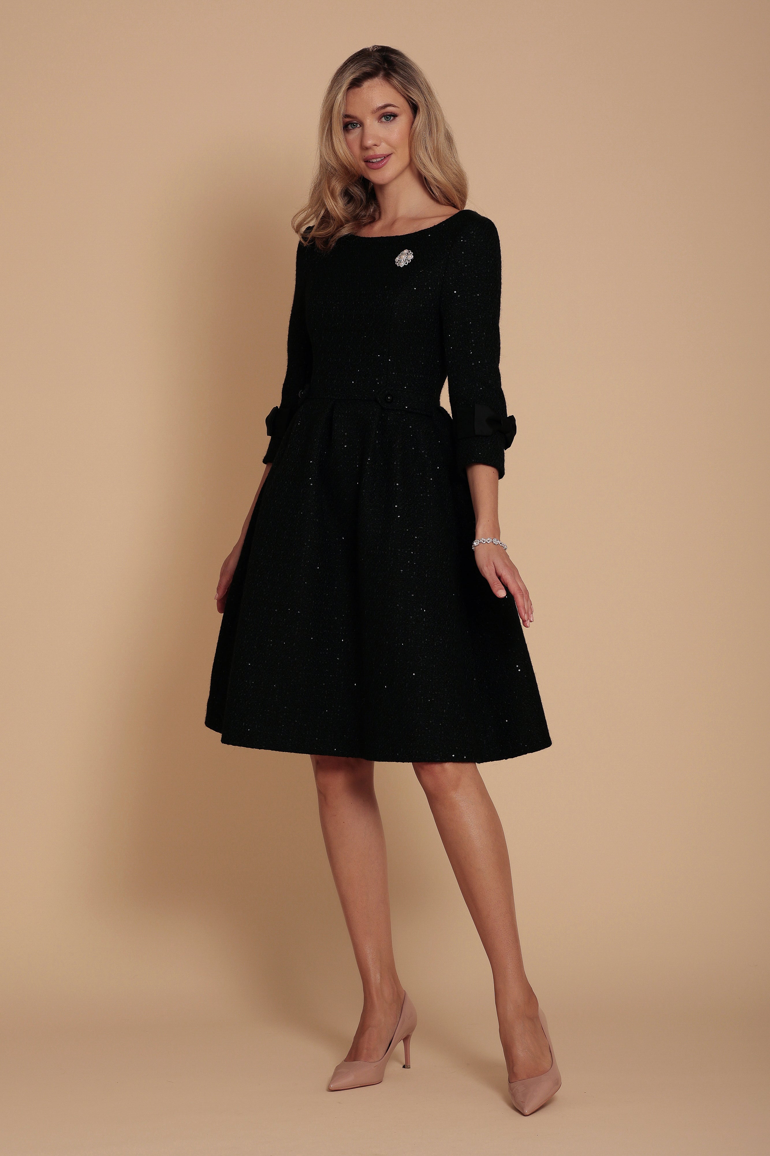 Black Wool Tweed Dress with Bateau Neckline | Silk Taffeta Shoulder Bows & Pleated Skirt | Intermezzo Collection | Santinni Black Wool Tweed Dress with Bateau Neckline | Silk Taffeta Shoulder Bows & Pleated Skirt | Intermezzo Collection | Santinni