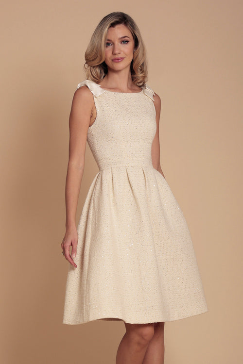 ‘Orpheum’ Wool Tweed Dress with Silk Taffeta Bows in Bianco