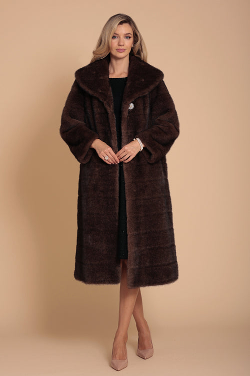 'Hollywood' Full-Length Faux Fur Coat in Marrone