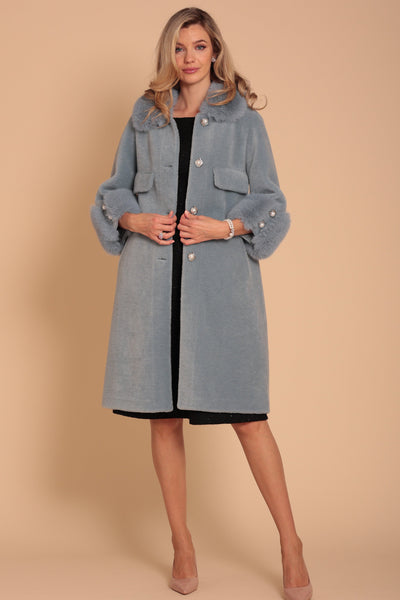 'Hayworth' Wool and Faux Fur Coat in Blu