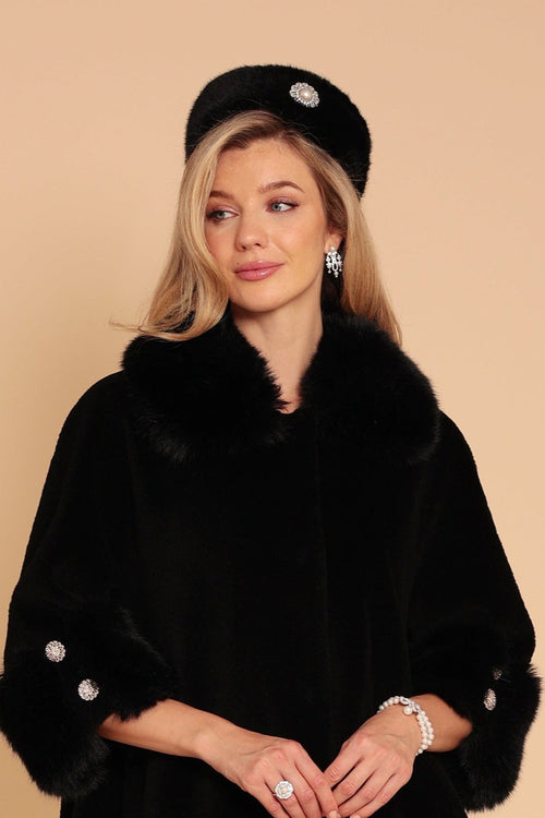 'Rivoli' Pillbox Hat with Brooch in Nero
