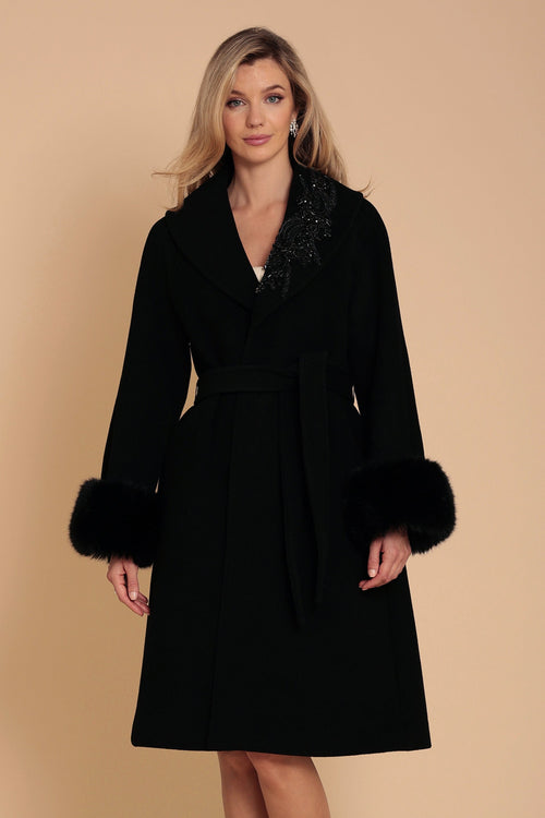 'Spotlight' Wool and Cashmere Belted Coat with Faux Fur Cuffs in Nero