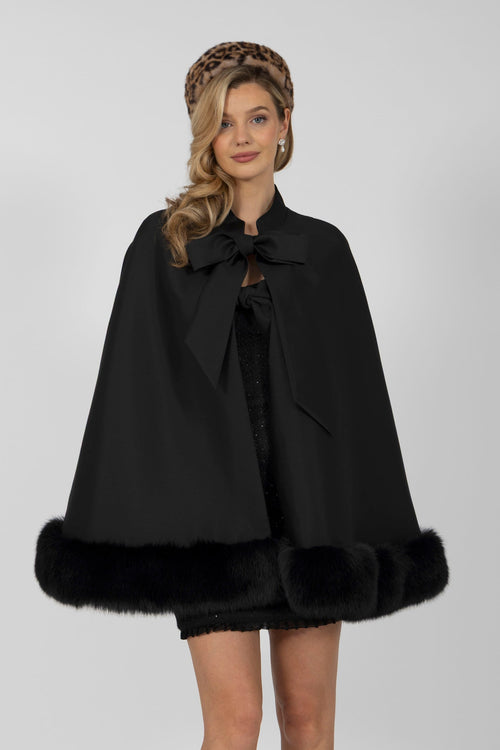 ‘Brompton’ Silk Cape with Faux Fur Trim in Nero