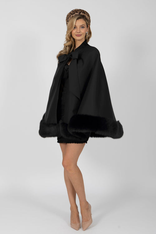 ‘Brompton’ Silk Cape with Faux Fur Trim in Nero